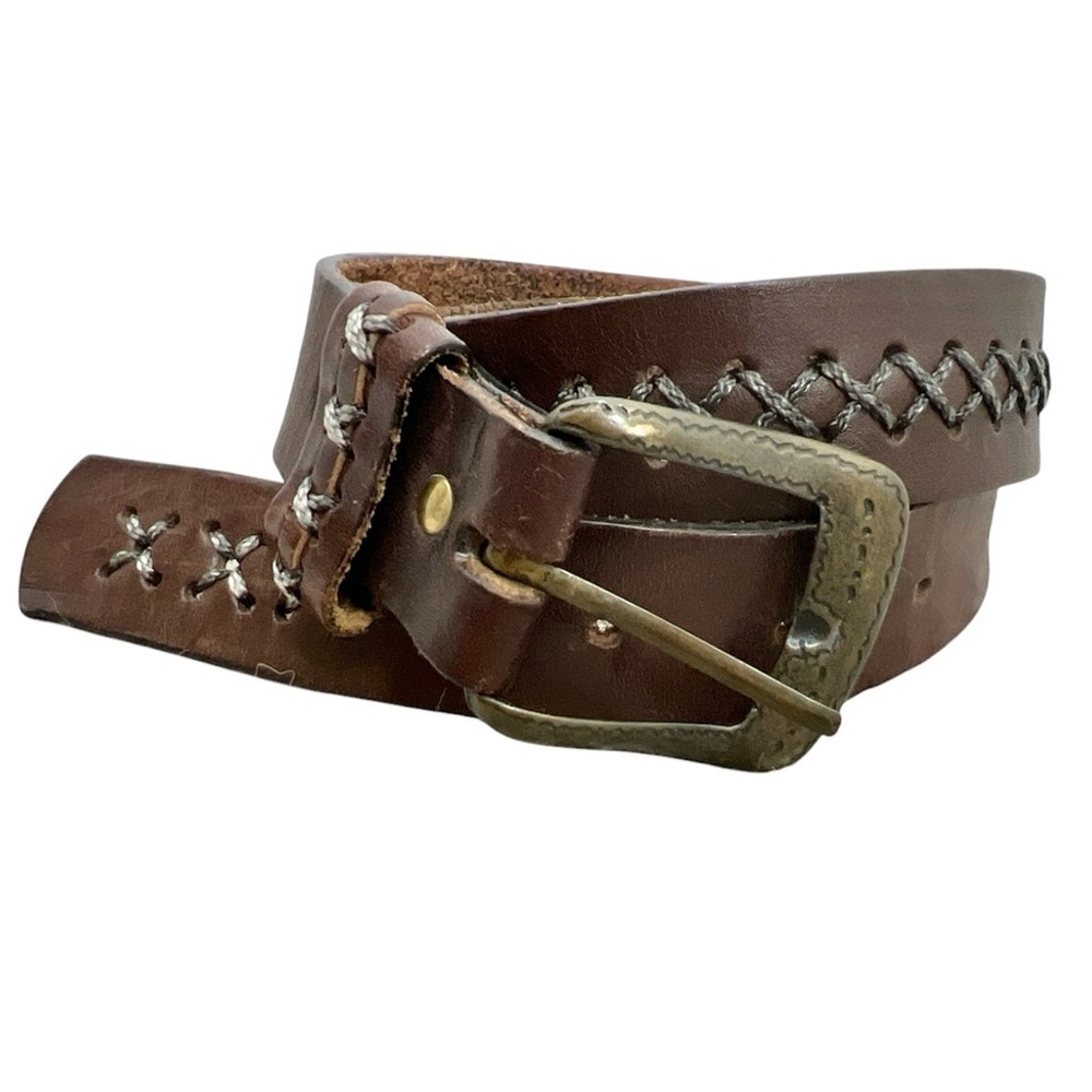 Vintage Enrico brown leather boho western saddle stitch filigree belt S